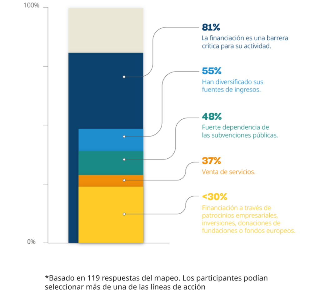 Gráfico de barras que muestra barreras y fuentes de financiamiento: 81% financiamiento crítico, 55% diversificación de ingresos, 48% dependencia de subvenciones públicas, 37% venta de servicios y menos del 30% financiamiento empresarial o europeo.